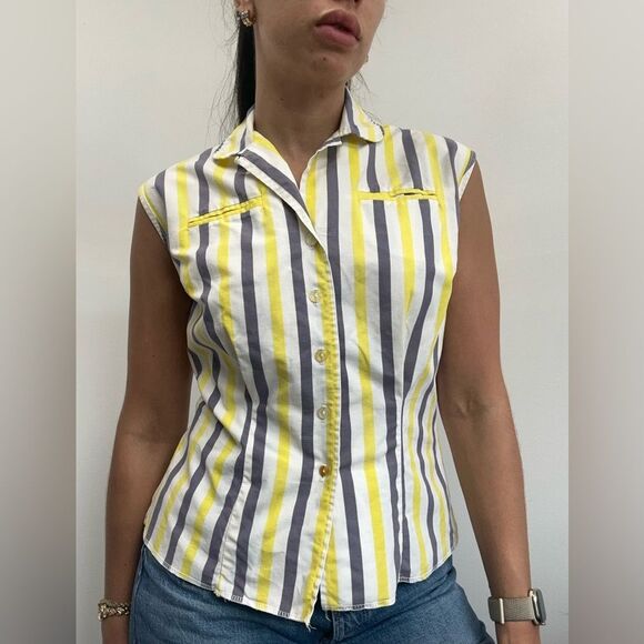 True Vintage 50s Striped Cotton Button Down Structured Short Sleeve Shirt Size S - Picture 3 of 8